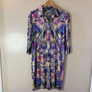 Tori Richard Belted Abstract Dress Shift Knit Honolulu 3/4 Sleeve Sz Med…